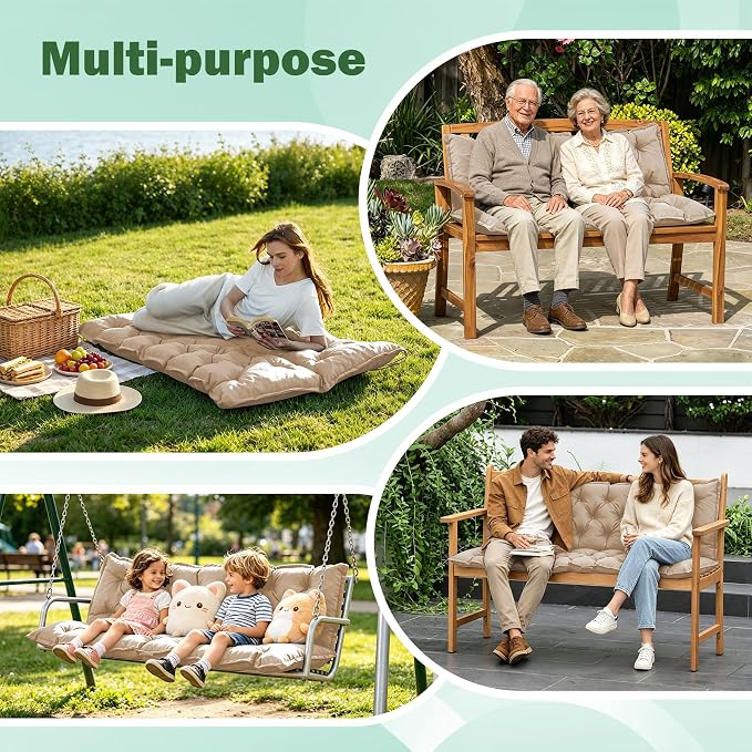 Porch Swing Cushions, 40x40 Inch Swing Cushions for Outdoor Furniture, Waterproof 2 Seater Patio Seat Cushion with Backrest, Replacement Bench Cushion for Glider, Settee, Beige