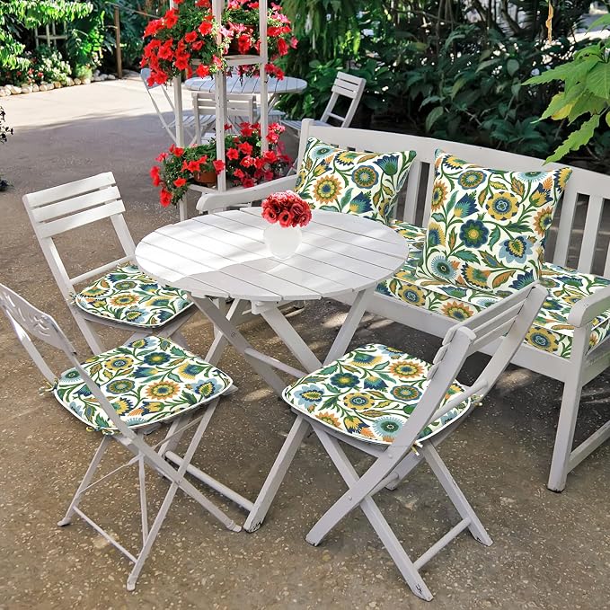 DYTXIII Set of 4 Outdoor Chair Cushions with Ties,Water Repellent Patio Chair Pads 17"x 16" for Outdoor Furniture,Round Corner Seat Cushions for Garden Yard Kitchen Fiesta Floral