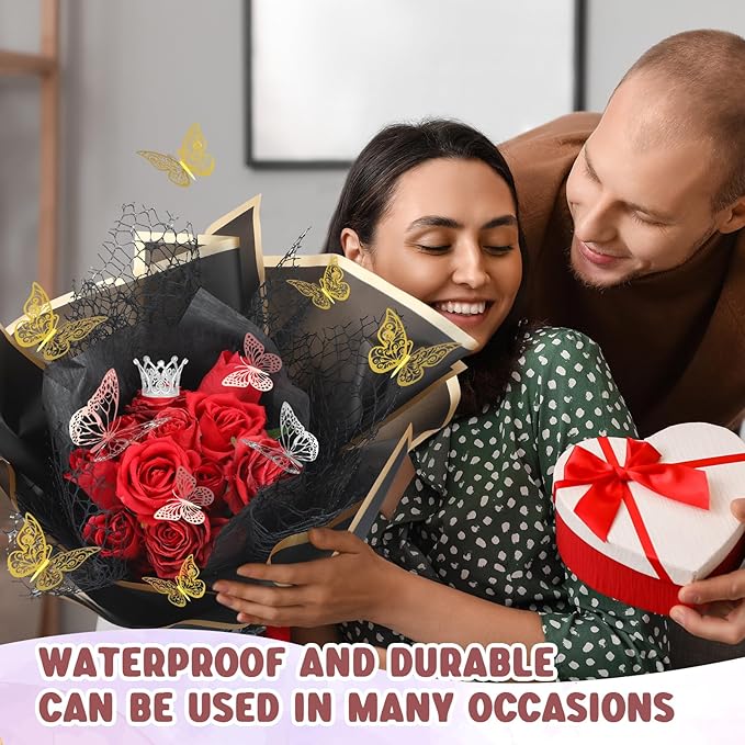 Qilery 334 Pcs Flower Wrapping Paper Set,153 Waterproof Floral Bouquet Wrapping Paper,72 3D Gold Butterfly Decoration,100 Pins, 6 Crowns and 3 Ribbons for DIY Craft(Pretty Color)