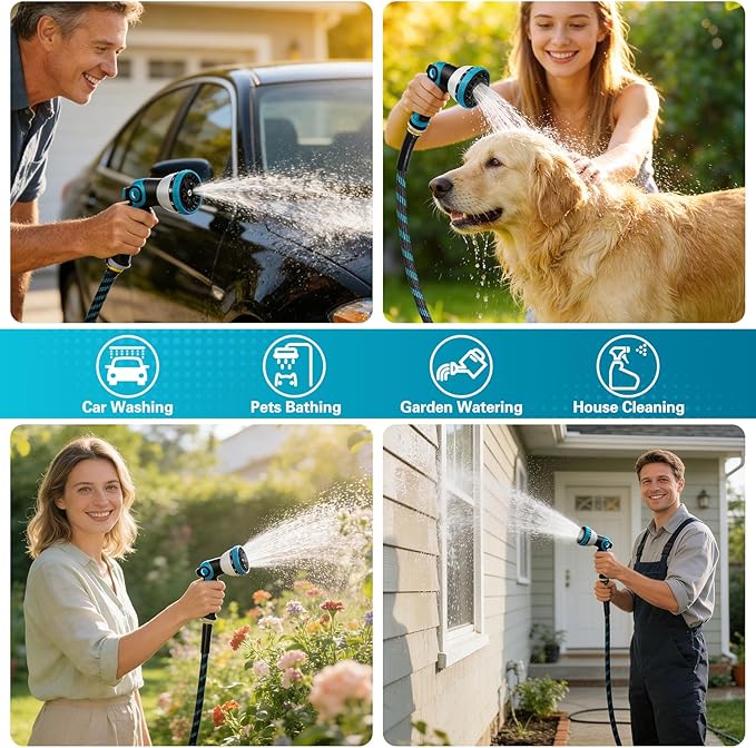 100FT Garden Hose, Non-Expandable Flexible Fabric Water Hose with 10-Function Spray Nozzle, Kink-Free Lightweight Yard Hose with 3/4" Solid Brass Connectors for Lawn, Outdoor, RV & Marine Use
