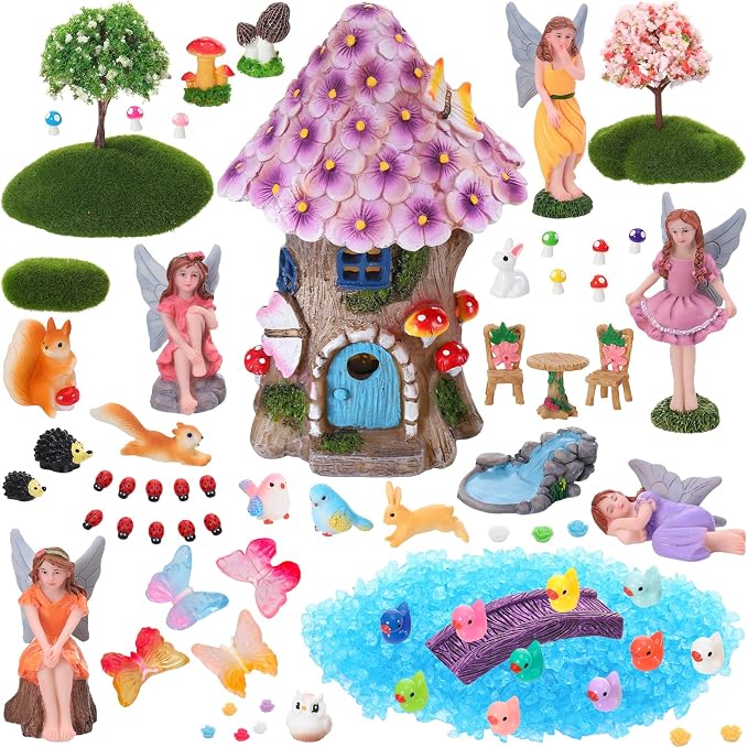 70 Pcs Fairy Garden House Resin Kit Glowing Tree House Miniature Garden Fairy Animals Garden Accessories Decor Outdoor Mini Landscape Ornaments