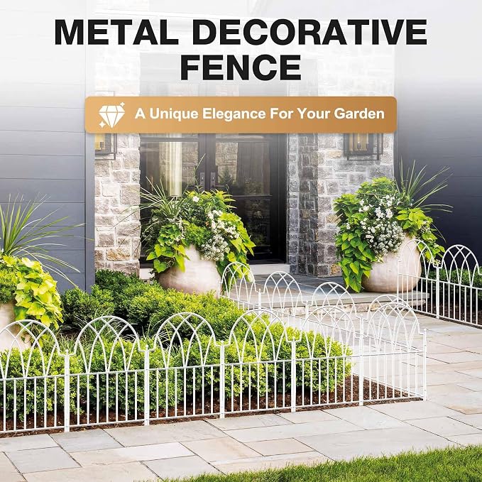Garden Fence Panels - 17 in(H) x 20.07ft(L) White Metal Fence No Dig Decorative Fence with Stakes Animal Barrier Fence for Dogs, Flower Bed Edging Wire Border for Yard, Patio, Outdoor Decor
