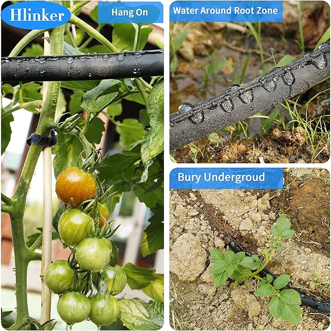 Hlinker Flat Soaker Hose 15 FT for Garden Beds, 15Ft 1/2" Linkable Consistent Drip Irrigation Hose Save 80% Water, Leakproof Heavy Duty Double Layer Sprinkler Hose