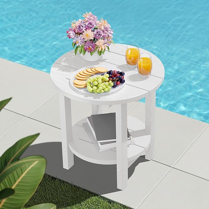 SERWALL Round Outdoor Side Table Set of 4, HDPE Small Adirondack Double End Table, White