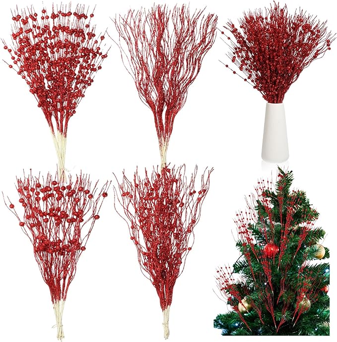36 Pcs 17'' 15'' Christmas Artificial Glitter Berry Stems 4 Styles Xmas Decorative Tree Picks Branches Large Glittery Twigs for Christmas Tree Xmas Wreath Vase Filler(Red)