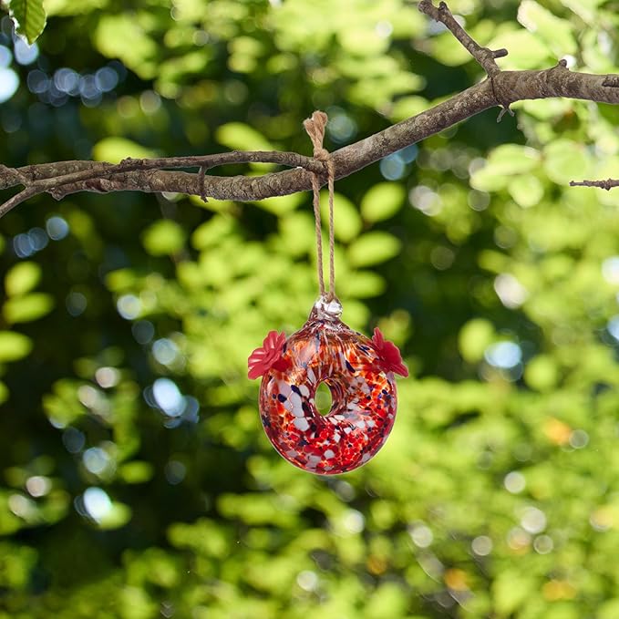 Red Carpet Studios Hummingbird Feeder Hand-Blown Art Glass, Hanging Birdfeeder with Twin Flower Feeding Ports, 5.5" Round Red