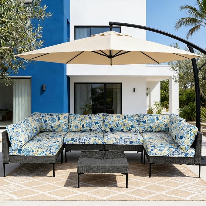 14Pcs Outdoor Cushion Covers Replacement Washable Waterproof UV w/Zipper for 6-Seaters Sofa Patio Slipcovers Set Seat and Back Covers Only (Morocco Dream, 25x25x3.15inch)