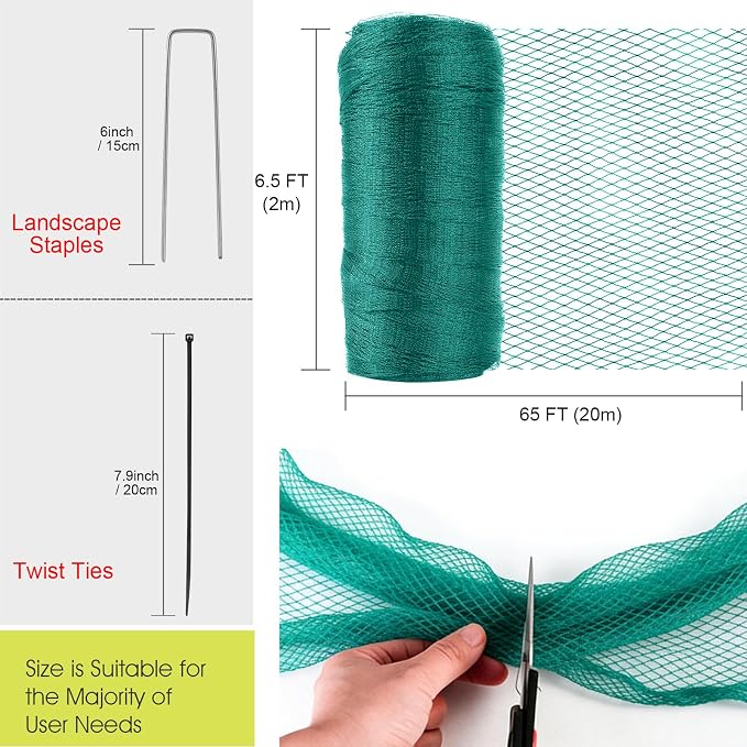 Bird Netting for Garden Protection, 7.5 x 65 FT Heavy Duty Garden Netting with Ties and Landscape Staples for Vegetable, Fruit Trees & Other Plants Against Birds Deer Squirrels and Poultry