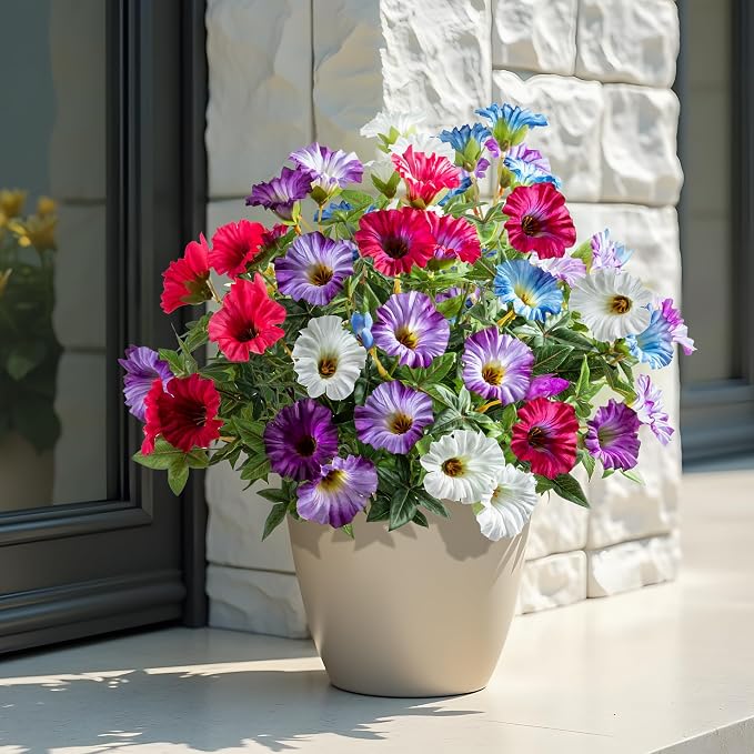 Colorful Artificial Morning Glory Flowers for Outdoor Planters, Premium UV Resistant Silk Faux Flowers for Porch, Hanging Basket & Window Box, Vibrant Garden Decor, No Pot, 13.3 Inch, 4 Bundles
