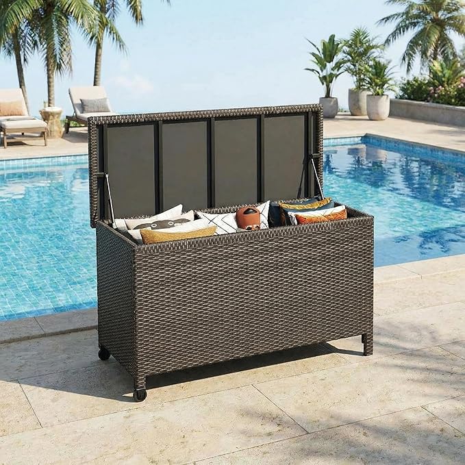 GarveeHome 185 Gallon Wicker Deck Box, All-Weather Outdoor Storage Bin with Rattan Finish, Large Capacity for Patio Furniture, Cushions, Pool Supplies & Garden Tools