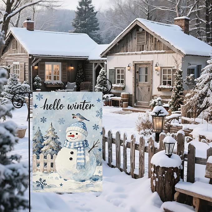 Winter Snowman Garden Flag 12x18 Inch Christmas Tree Snowflake Cardinal Hello Holiday Decorative Yard Flags for Outside Double Sided Seasonal Outdoor Home Farmhouse Decoration Porch New Year Decor