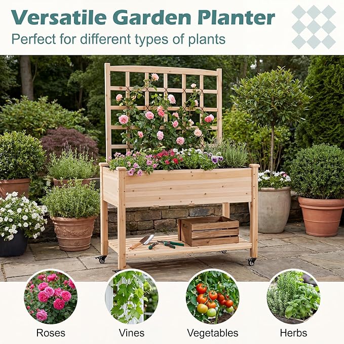 HAPPYGRILL Wooden Raised Garden Bed with Trellis, 65'' Elevated Planter Box w/Legs on Wheels, Liner & Drainage Holes for Climbing Plant Vegetable Flower, Outdoor Garden Box for Backyard Balcony (1)