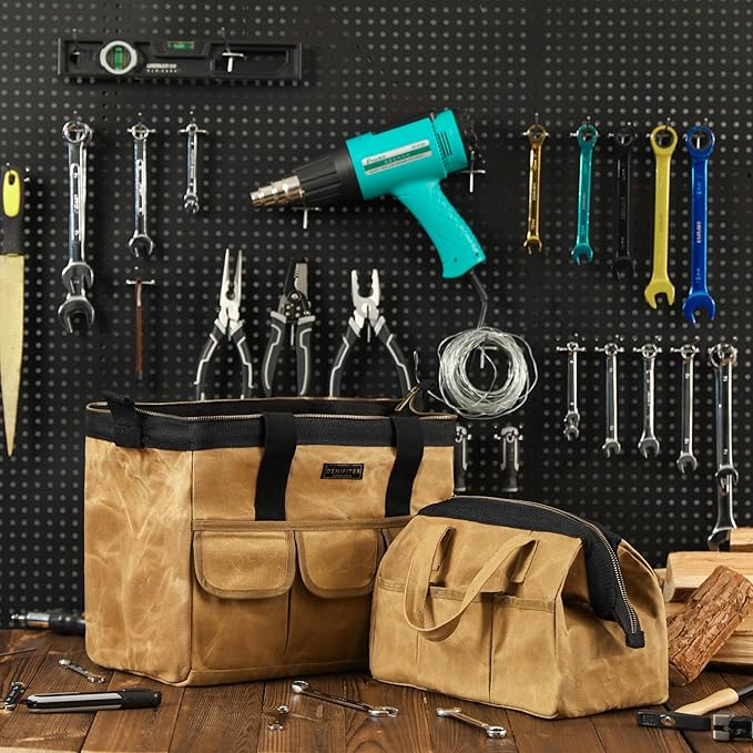 Tool Bag, 15-inch Heavy Duty Wide Mouth Water-Resistant Tool Pouch, Tool Tote with Handle for Tools, Wrenches, Screwdrivers (15 X 7.8 X 11.5 inch) | Khaki