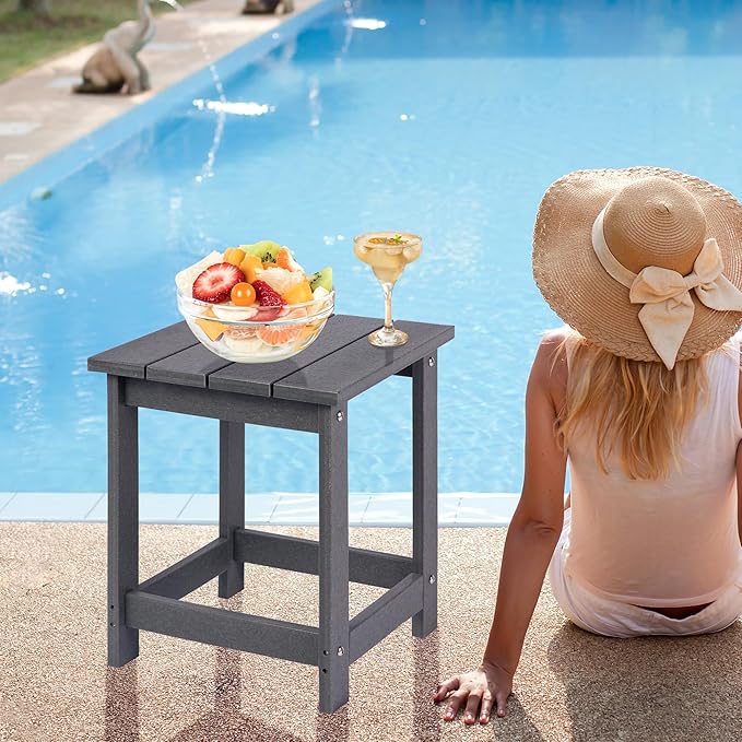 LZRS Square Patio Side Table, Heavy Duty HDPE Outdoor End Table with Wood Texture, Weatherproof Composite Table for Adirondack Chairs, Deck, Pool, Indoor/Outdoor, No Peeling or Cracking(Grey)