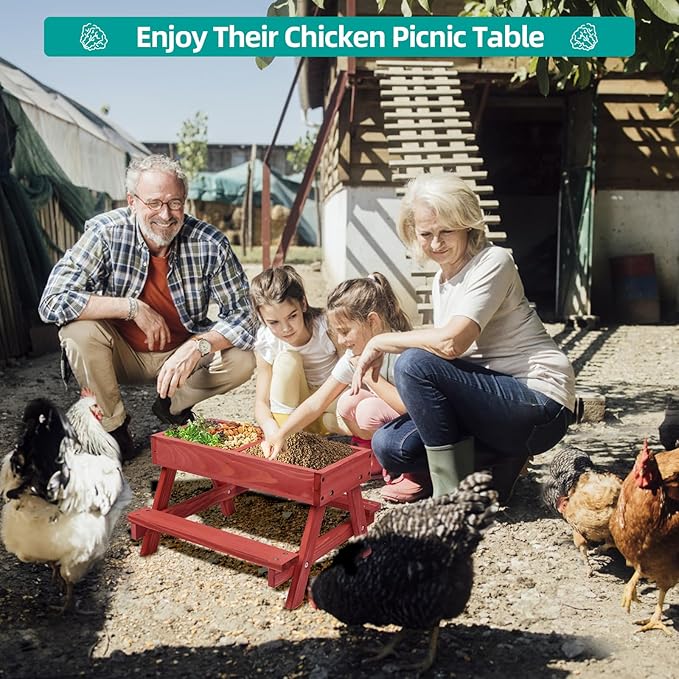 Chicken Picnic Table, Chicken Feeder No Waste Handmade Wooden, Large DIY Chicken Feeder Kit, Wild Bird, Duck & Squirrel Feeders, Mesh Bottom Keep Food Fresh and Dry Easy to Clean and Fill(Red Paint