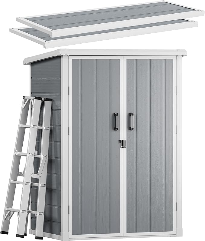 DWVO 60 Cuft Outdoor Tall Storage Shed with 2 Shelves, 5X3FT Vertical Tool Shed with Floor & Lockable Doors, Sturdy Double-Wall Plastic Cabinet for Garbage Cans and Garden Equipment (Gray)