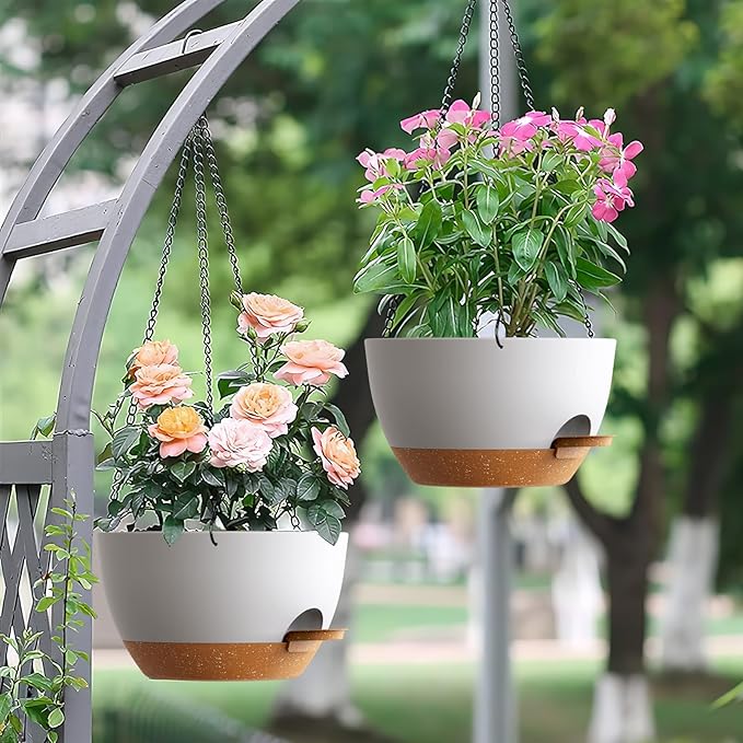 UOUZ Set of 3-10 Inch Self Watering Hanging Planters for Indoor Outdoor,Hanging Plant Pots with Drainage & Removable Tray, Hanging Pots Holder for Pothos Plant, Ferns, Balcony & Patio,White with Brown