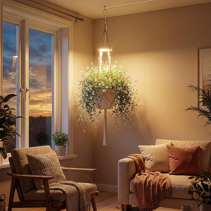 Hanging Plant Grow Lights for Indoor Plants with Timer, Wall Mounted Full Spectrum Pendant Growing Light with Macrame Plant Hanger, Ceiling LED Planta Luz for Potted Plants Home Decor