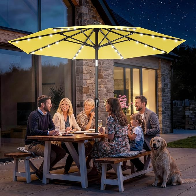 AreShark 9FT Patio Umbrella with Solar Lights, 32 Lighted Pool Umbrella w/Tilt and Crank, Outdoor Market Solar Umbrellas for Garden, Deck, Backyard, Pool and Beach, Yellow