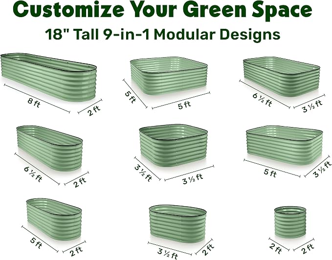 Galvanized Raised Garden Beds Outdoor // 8×2×1.5ft Modular & 3×3×1ft Planter Raised Beds for Gardening, Vegetables, Flowers // Large Metal Garden Box (Light Green) // Patent Pending Tool-Free Assembly