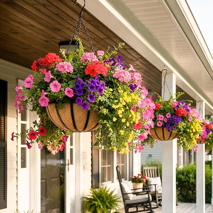 4pcs 14 inch Metal Hanging Baskets Round Wire Plant Stand with Coco Lining Cushion Decorative Planter Hanger Garden Indoor Outdoor Watering Hanging Basket (BT)