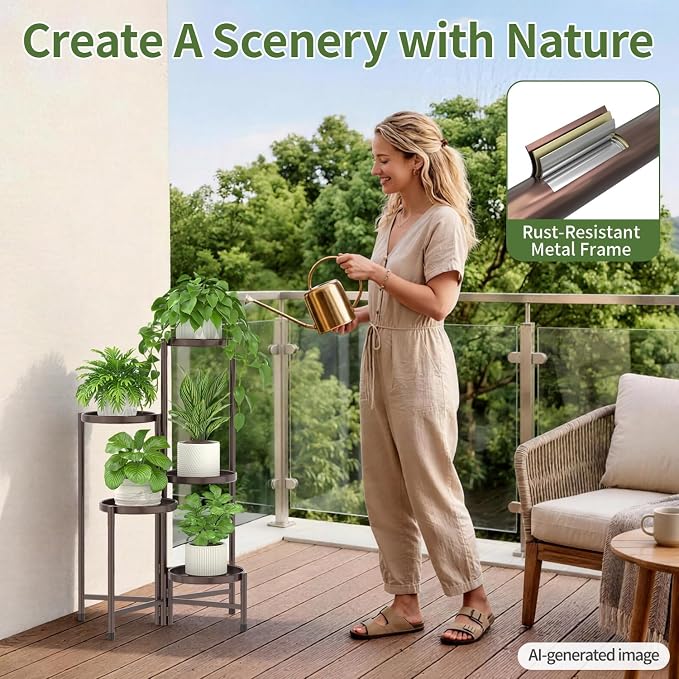 LASZOLA 5 Tier Large Plant Stand Indoor Tall with 10 Inch Metal Tray, Corner Folding Flower Display Rack, Modern Plant Holder Shelf for Outdoor Patio Porch Garden Office Living Room, Bronze