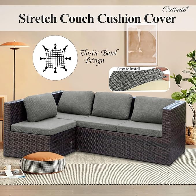 CALBODE 14Pcs Outdoor Stretch Cushion Covers,Waterproof Outdoor Chair Cushion Covers for Patio Furniture, Washable Jacquard Couch Covers Replacement for Patio Furniture(Grey, Cover Only)