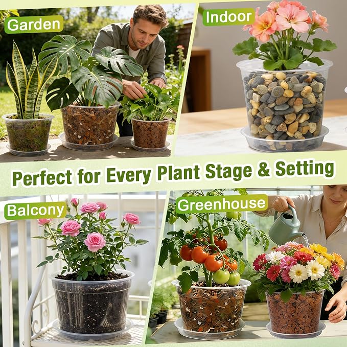 12 Inch Clear Nursery Pots with Drainage and Saucers, 5 Pack Large Clear Plastic Nursery Pots for Plants, Seedling Plant Pots for Repotting and Growing Plants, Flowers & Vegetables (12 inch)