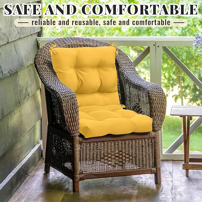 Marsui 4 Pcs Outdoor Indoor High Back Chair Cushions Patio Furniture Tufted Pillow with Ties Water-Resistant Replacement Outdoor Rocking Chair Cushions, 42 x 21 Inches (Yellow,Solid Color)