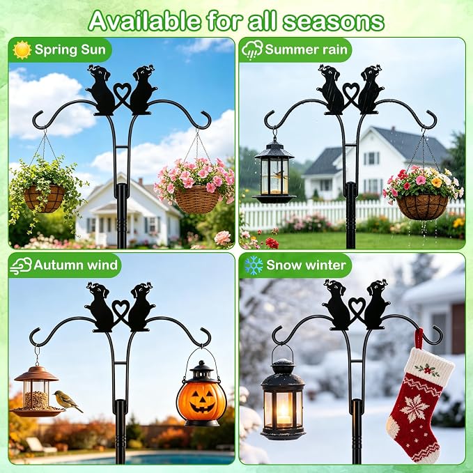 MRHEPHAESTUS Double Shepherds Hooks for Outdoor, 78 Inch Bird Feeder Pole with 5 Prongs Base, Adjustable Heavy Duty Plant Hangers Dog Art for Outdoor Plants Hummingbird Feeder Hanging Baskets Lantern