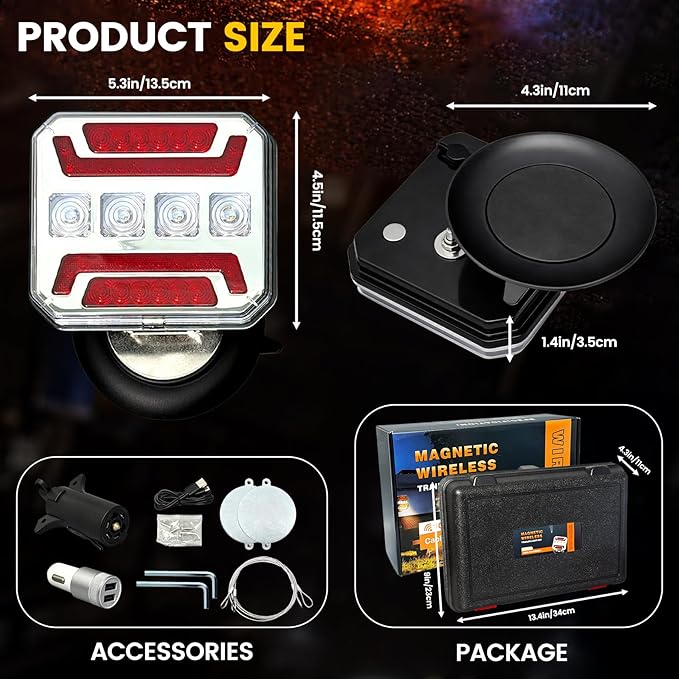 Wireless Trailer Lights, 2026 NEW 110° Rotatable Magnetic LED Trailer Lights with Reflectors, 2 Mounting Options, IP67 Waterproof, Rechargeable Tow Light for Boat RV Camper Caravan