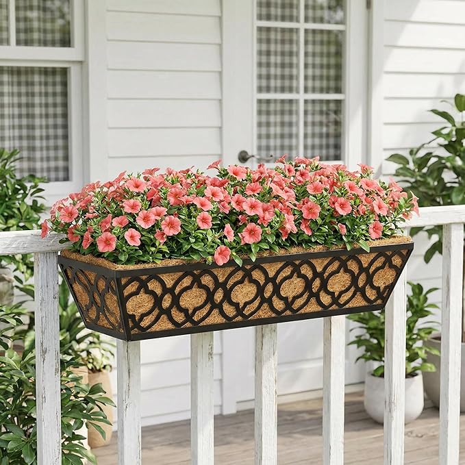 Y&M Deck Railing Planter Boxes, Adjustable Balcony Planter for Outdoor Plants, Metal Railing Planter Box for Deck, Fence and Porch, Window Boxes Outdoor, Sturdy Hanging Planter-24inch 4pcs
