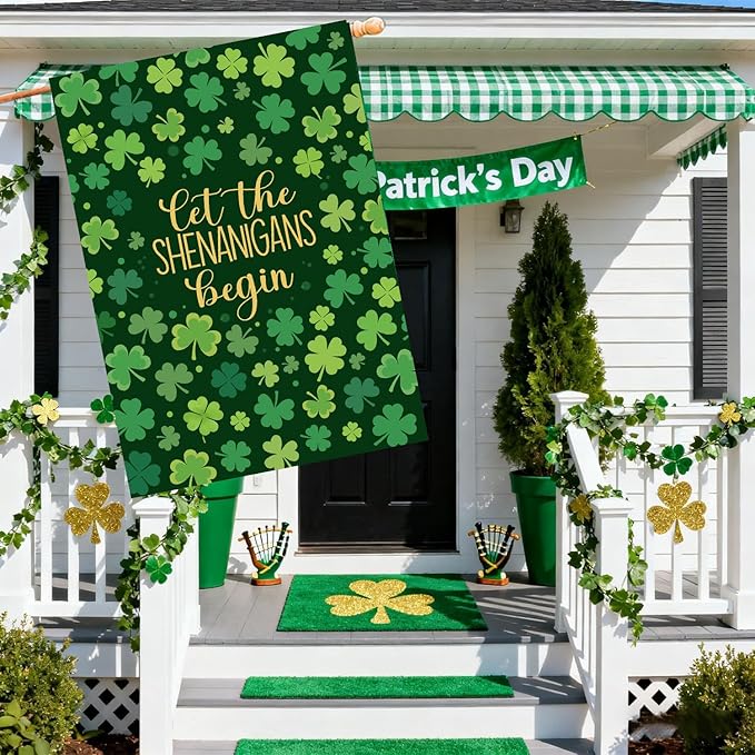 St Patricks Day House Flags 28 x 40 Double Sided for Outside Shamrock Clover Let the Shenanigans Begin Garden Decor Saint Patrick Spring Yard Signs