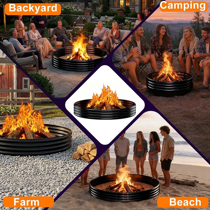 Large Fire Pit for Outside Wood Burning, 48in Big Fire Pit Ring, Heavy Duty Steel Fire Pit with Black Painted Modern Design, Metal Fire Ring for Camping, Backyard, Patio Burn Pit