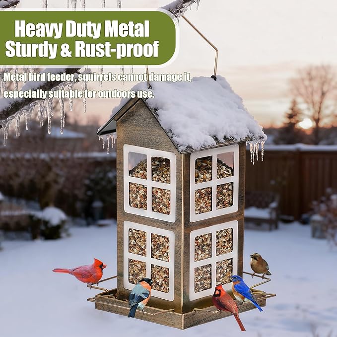 Bird Feeders, Heavy Duty Metal Bird Feeder for Outdoors Hanging, Weatherproof Large Capacity Wild Birdfeeder for Outside Garden Yard, Country House Shape (Vertical)