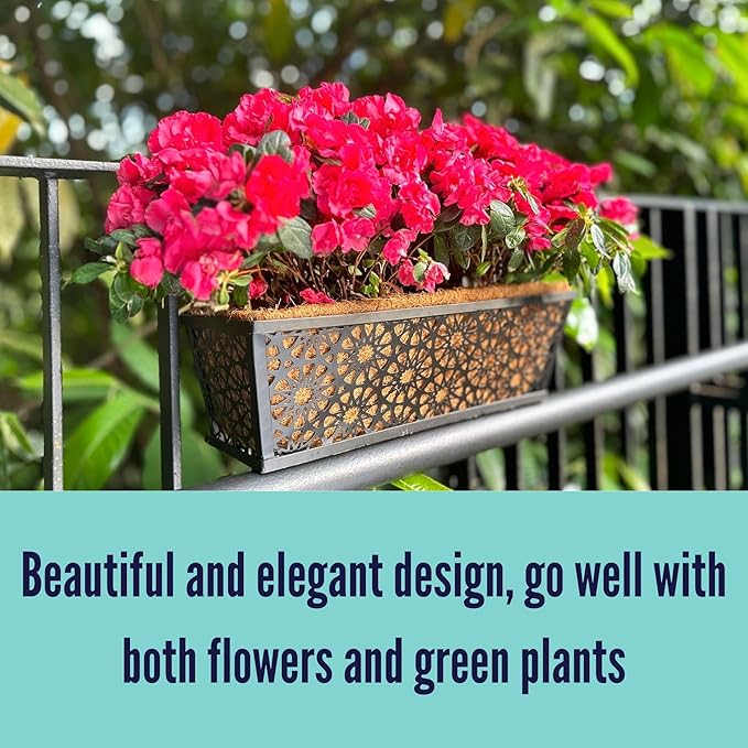 LaLaGreen Window Planter Boxes Outdoor (16 Inch, 2 Pack) Black Metal Wall Hanging Planters for Plants, Deck Railing Flower Box with Coco Liners, Trendy Horse Troughs Balcony Pots Patio Porch Over Rail