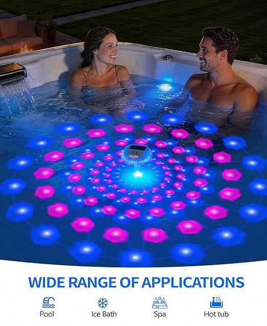 LuxBlue 2026 Upgrade Solar Digital Pool Thermometer with Dynamic Light Show | Floating Pool Thermometer - Large LCD Screen for Easy Read | IP68 Waterproof Pools Temperature Gauge for Spa & Pond