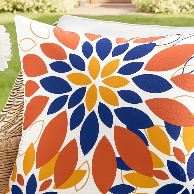 Floral Outdoor Pillow Covers Waterproof Spring Throw Pillow Cases Orange 18x18 Inch Set of 2 Decorative Summer Cushion Covers for Patio Furniture Garden Bench Porch Sofa