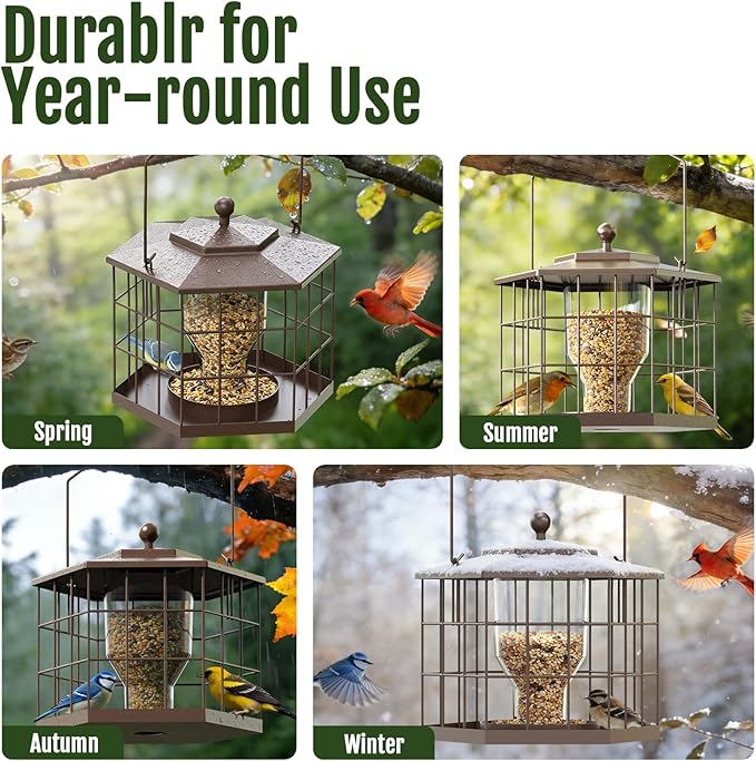 Birdream Squirrel Proof Bird Feeders for Outdoor Hanging, Metal Cage Bird Feeder with Rain Proof Covered for Wildbirds Bluebird Finches, Brown