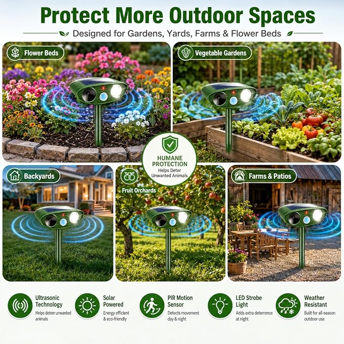 2 Pack Upgraded Sonic Deer Repellent Devices,Solar Ultrasonic Animal Repeller Outdoor for Racoons,Squirrels,Cats,Rabbits &Foxes,Waterproof Flashing Light Motion Sensor Animal Deterrent for Garden Yard