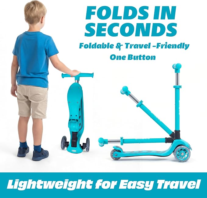 SKIDEE Kick Scooter for Kids Ages 3-5 | Foldable 3 Wheel Scooter with Lean-to-Steer, Adjustable Height, Removable Seat & LED Light Wheels | Toddler Scooter Up to 12 Year Old Boys/Girls