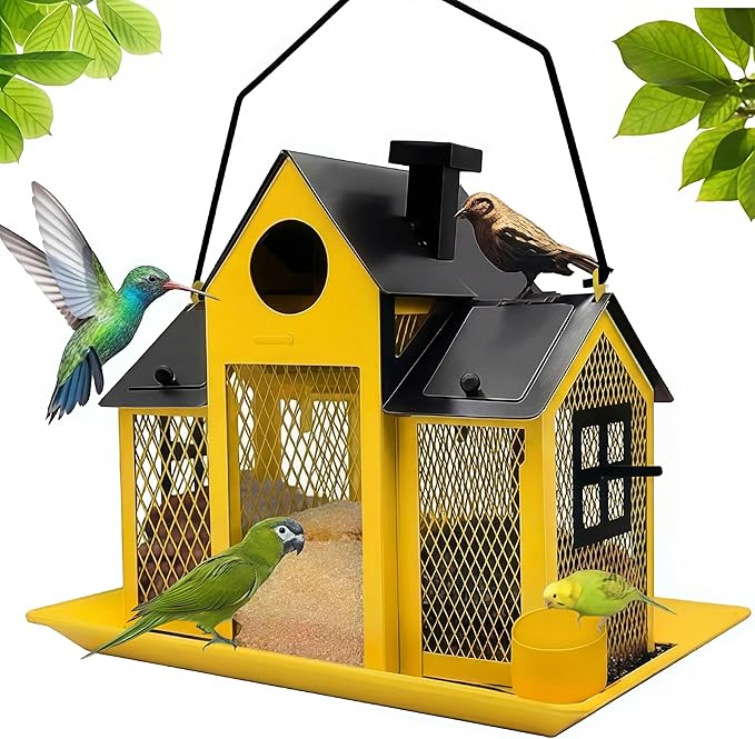 Solar Bird Feeders House for Outside Hanging, Metal Wild Bird Feeder for Outdoors Large Capacity Cardinal Birdfeeder Birdhouses Metal Bird Feeding Station Yellow