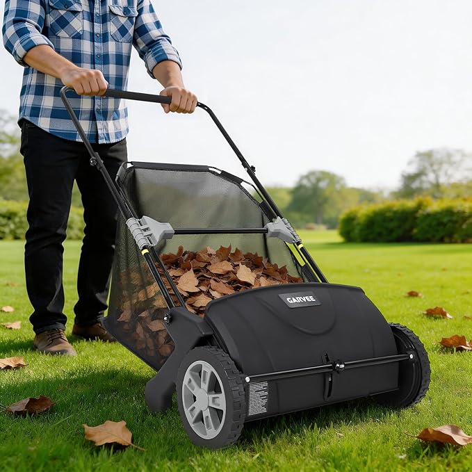 21" Push Lawn Sweeper, Heavy Duty Leaf Collector with 3.5 Cu. ft. Bag, Walk Behind Grass Sweeper, Dual Spinning Brushes, Adjustable Height for Leaves, Pine Needles & Yard Debris