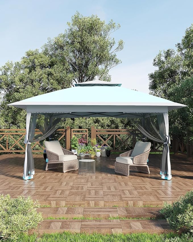 GarveeLife Canopy Tent 12x12 ft, Pop Up Gazebo One-Push Setup with 4 SandBags for Backyard Parties and BBQs, Mosquito Netting & Height Adjustable - Lake Blue