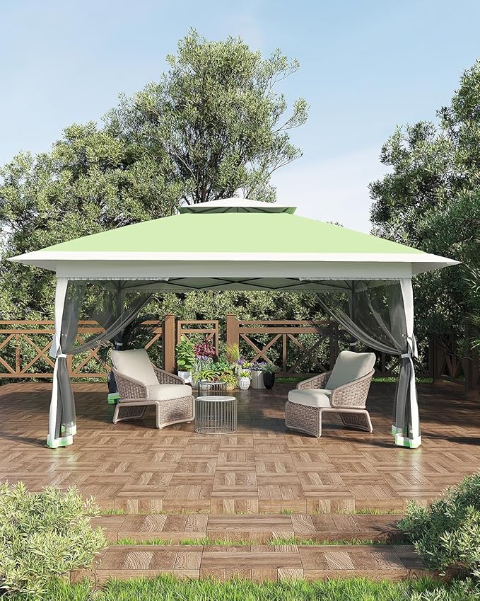 GarveeLife Canopy Tent 13x13 ft, Pop Up Gazebo One-Push Setup with 4 SandBags for Backyard Parties and BBQs, Mosquito Netting & Height Adjustable - Olive Green