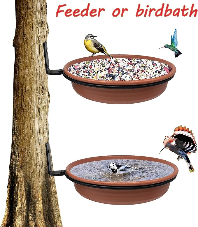 Bird Feeder Tree Mounted with Heavy Duty Sturdy Steel, 8.5” in Diameter×1.85" Deep Brick Red Bird Bath Tray,Installed on Wooden Fences, Trees, Deck,Indoor and Outdoor Walls