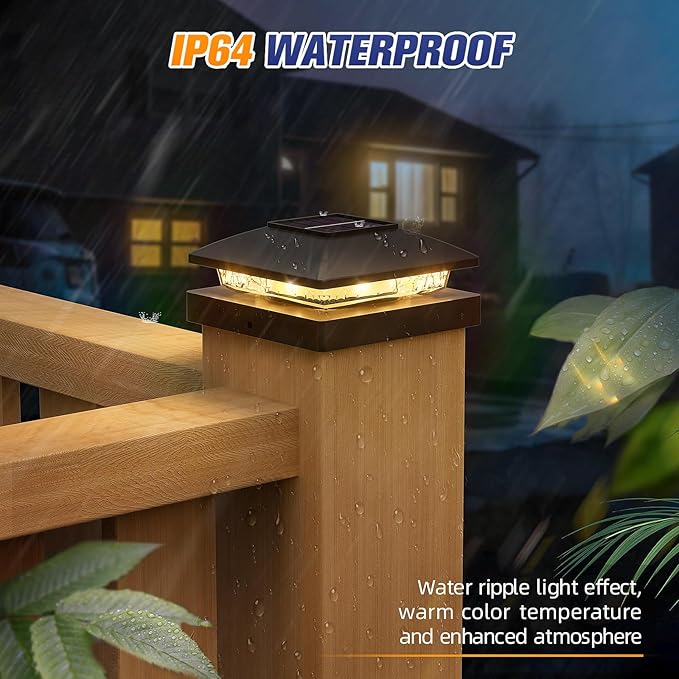 APONUO Solar Post Cap Lights for 4x4 Posts - IP64 Waterproof, 3000K LED, No-Wire Fence Lights & Deck Lights for Patio Garden Yard Patio, Black-Warm White, 12 Pack