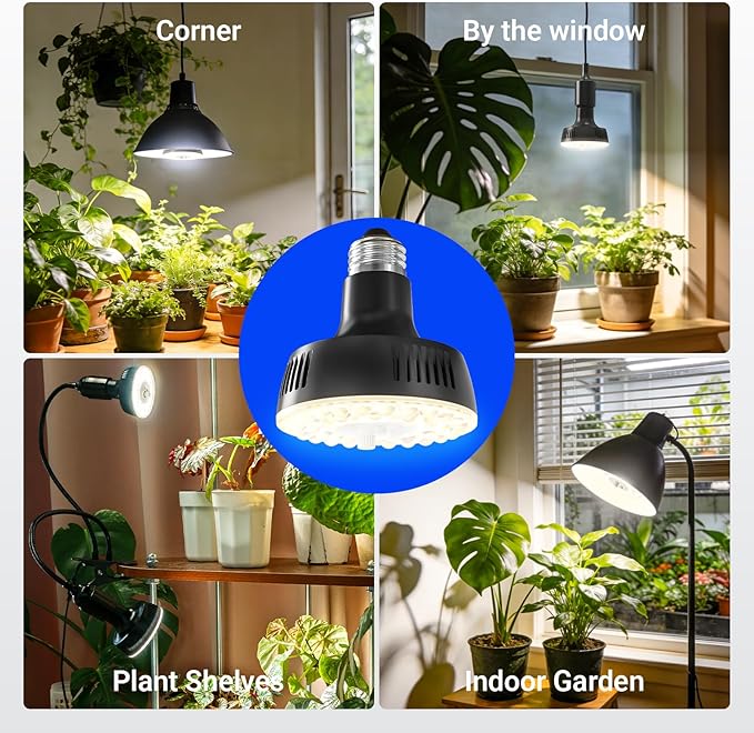 Barrina Orbgrow OG11A Grow Light Bulbs for Indoor Plants, Integrated Dimming & Timing, 4000K 44W(4 x 11W, 400 Watt Equiv), E26 Plant Light Bulb, Full Spectrum for Seeds and Greens, 4 Packs, Black