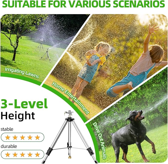 SPECILITE 36”Brass Impact Tripod Sprinkler, Heavy Duty Metal Pulsating Telescoping, Sprinklers for Yard, Lawn & Garden Irrigation, 360 Degree Waters up to 70ft Covering 5660sqft (2 Packs)
