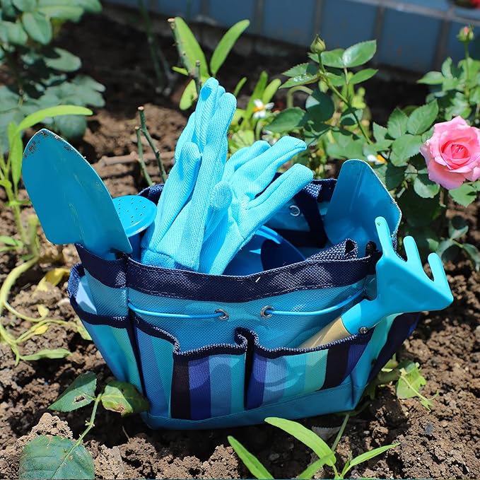 Kids Gardening Tools Set, Toddler Play Kit Child Outdoor Toy with Gloves, Watering Can, Metal Shovel, Rake, Spade & Storage Bag, Backyard Sand Digging Holiday Birthday Gift for Boy Girl 3 4 5 (Blue)